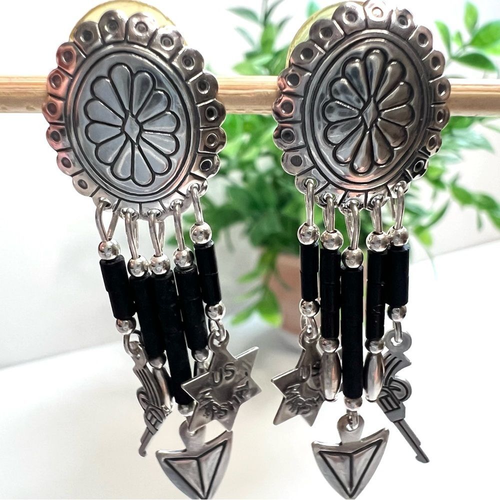 Vintage QT Quoc Turquoise Native American Sterling Silver Dangle Western Earring